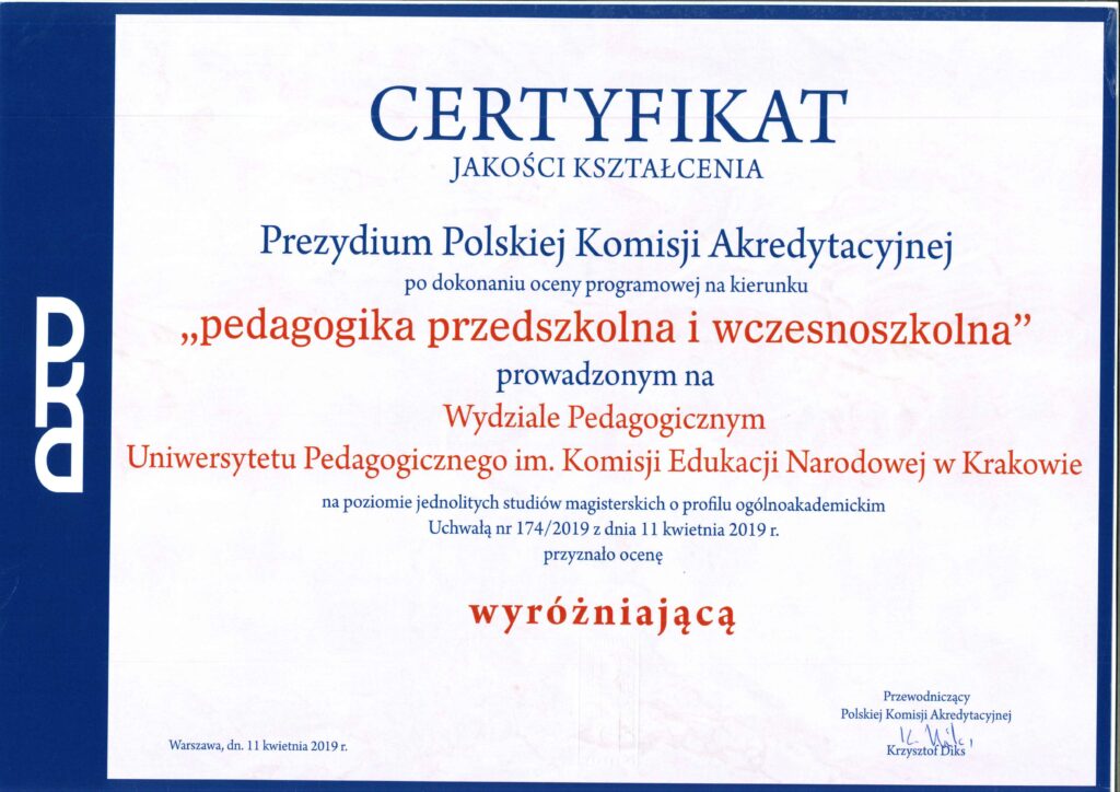 Certyfikat Jakości Kształcenia dla kierunku pedagogika przedszkolna i wczesnoszkolna!